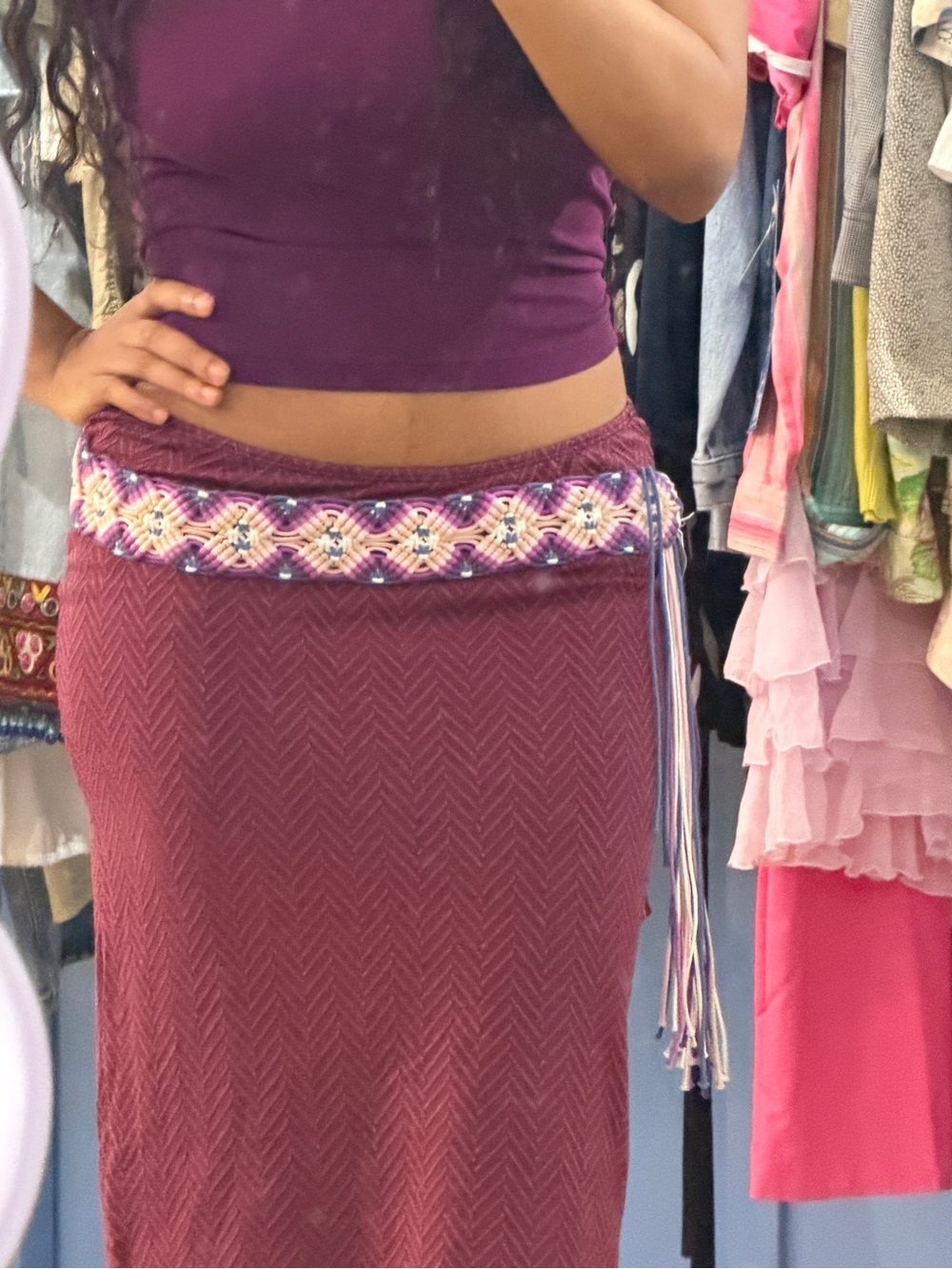 Women's Plum Knit Maxi Skirt with Beaded Waist Accent